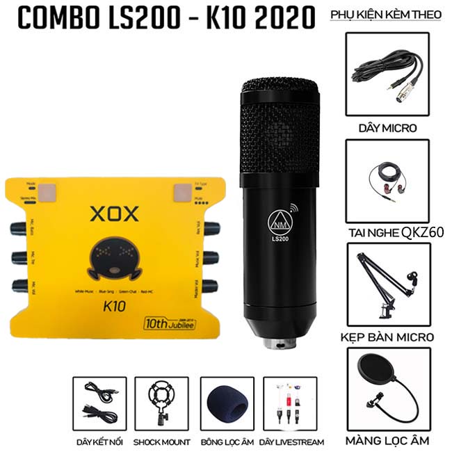 Bộ Livestream card âm thanh XOX K10 và Micro NMC LS200 kết hợp tai nghe, dây livestream cho điện thoại