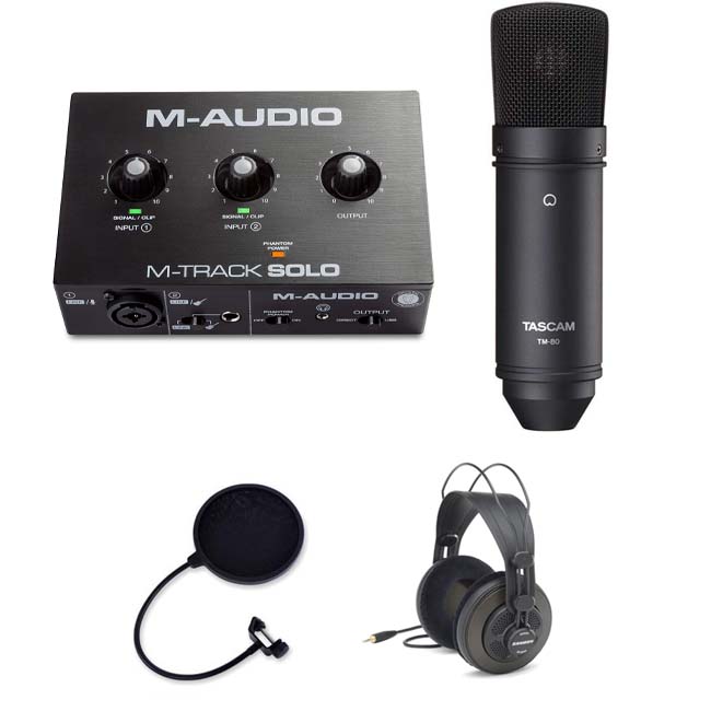 Combo thu âm Micro TASCAM TM80, Soundcard M Audio Mtrack Solo và Tai nghe Samson SR850