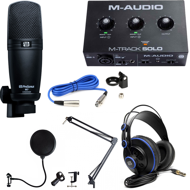 Combo thu âm Presonus M7 và soundcard Maudio Mtrack Solo, Tai nghe Presonus HD7 đầy đủ phụ kiện