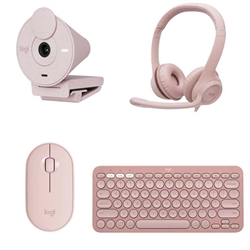 Combo làm việc bàn phím Logitech K380s, Chuột Pebble M350s, Webcam Brio 300 và H390 Hồng