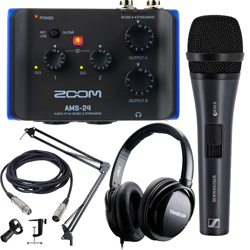 Combo thu âm và livestream podcast sound card Zoom AMS24, micro Sennheiser E835S và tai Takstar TS-450