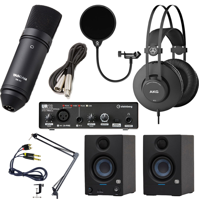 Combo-thu-am-nhac-va-podcast-danh-cho-ca-nhan-micro-thu-am-tascam-tm80-tm-80-soundcard-phong-thu-Steinberg-UR12-Tai-nghe-kiem-amAKG-K52-Loa-kiem-am-presonus-Eris-3-5-Gen-2-kem-phu-kien-thong-audio